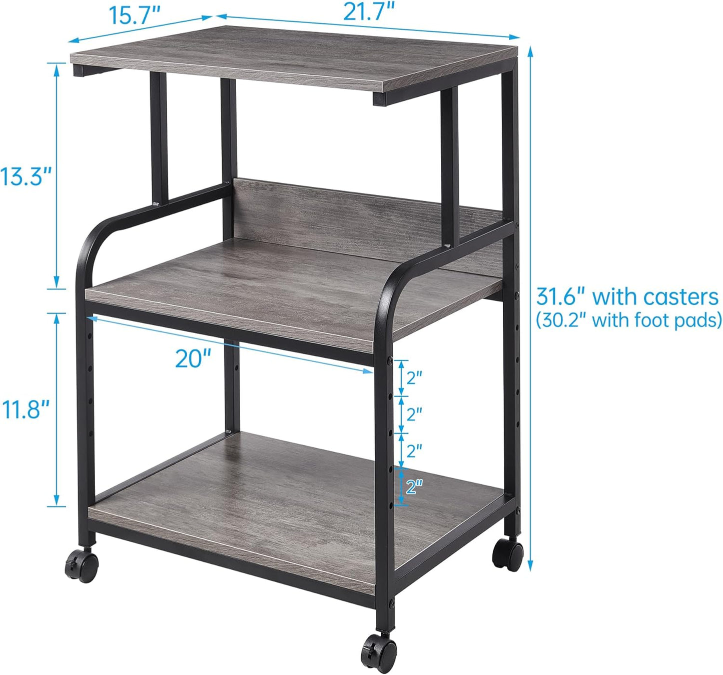 Printer Stand with Height Adjustable Storage Shelf, 3 Tier Mobile Printer Table with Wheels, Rolling Printer Cart for Home Office Organization, Gray