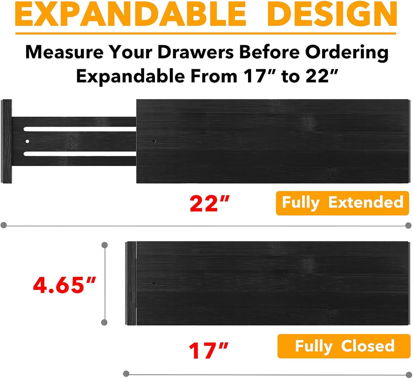 SpaceAid Bamboo Dresser Drawer Dividers 6 Pack, 4.65“ High Adjustable 17“-22” Drawer Organizers, Expandable Organization for Clothing, Clothes, Dressers, Black