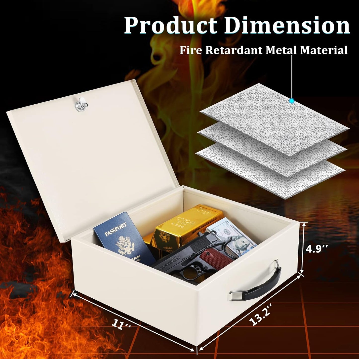 Dalmbox Portable Fire Safe Box with Key Lock, Fire Resistant Metal Lock Box for Documents, Security Strong Storage Box Safety Deposit Box for Home, Outside, Car, XL Large,13.2”x 11”x 5.1'', Beige