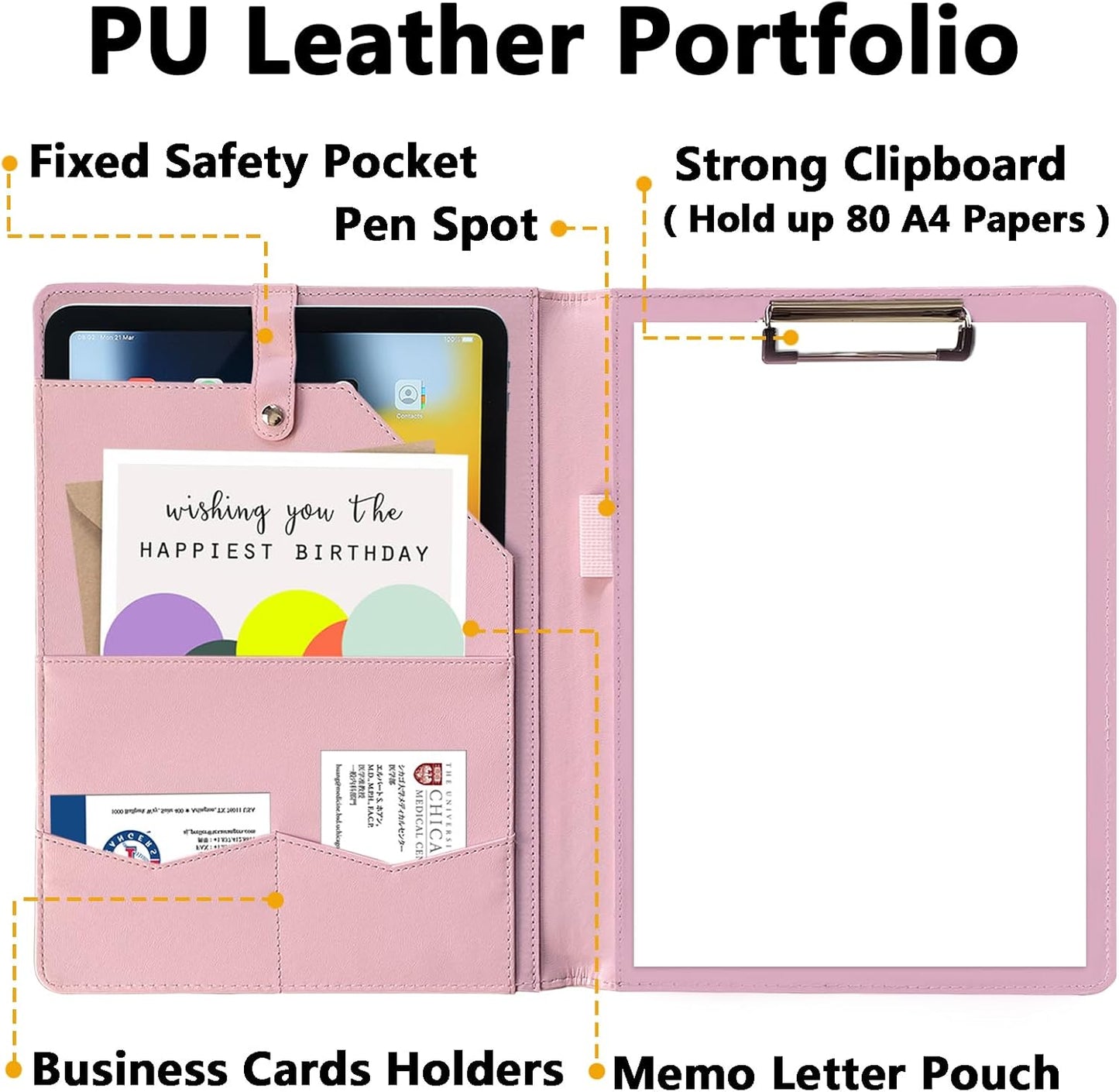 Portfolio Folder Padfolio with A4 Clipboard, PU Leather Portfolio Clipboard Business Binder Writing Clip Board Organizer for Legal Documents Business Card Men Women Pink