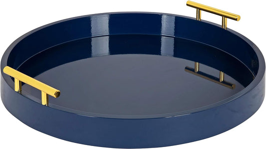 Kate and Laurel Lipton Modern Round Tray, 15.5" Diameter, Navy Blue and Gold, Decorative Accent Tray for Storage and Display