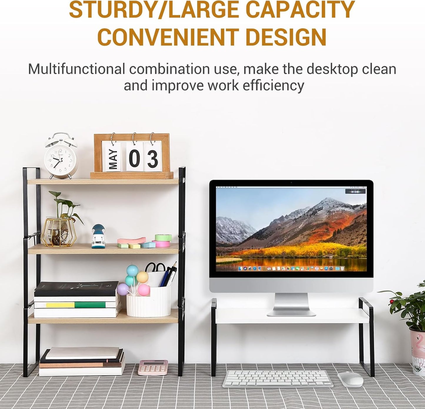 YGYQZ Wood Office Desk Shelf Organizer - Desktop Supplies Cute Dresser Top Organization Storage Rack and Cubicle Decor Aesthetic Bookshelf for Women Man and Kids (Black White-Two Tier)