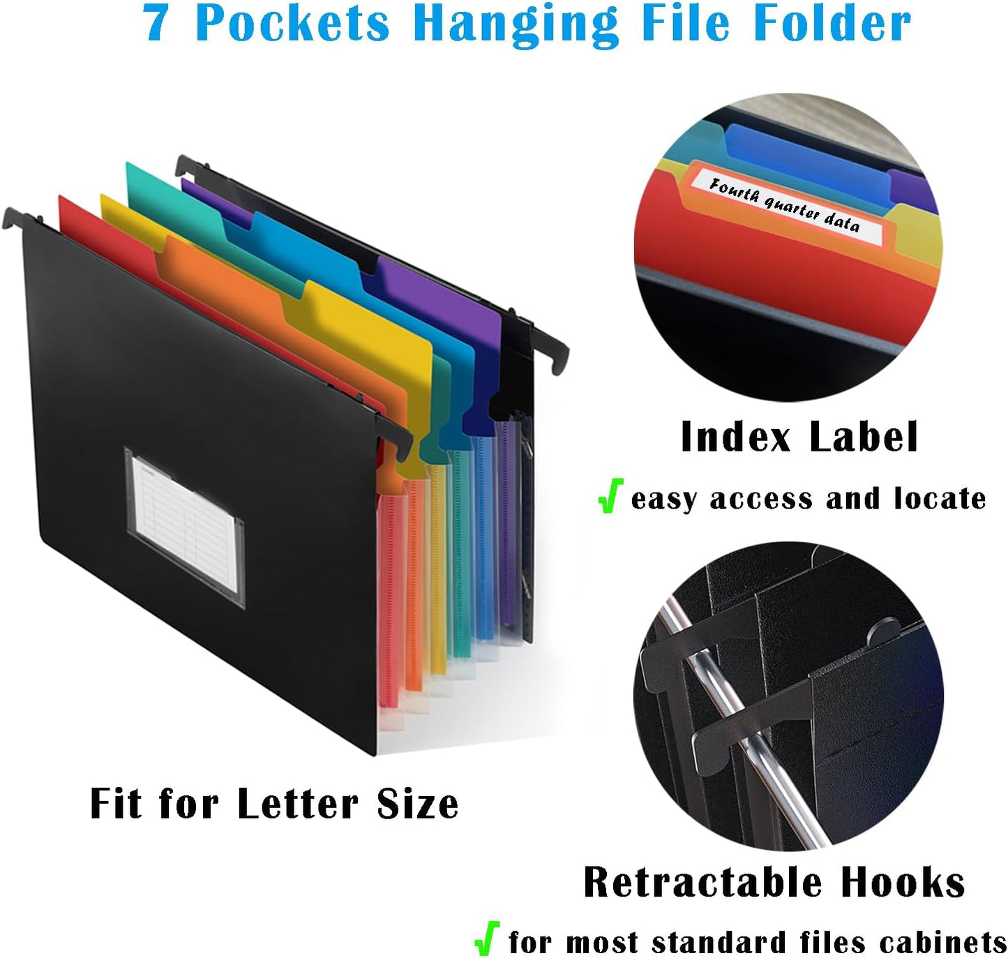 TRANBO 7-Pockets Hanging File Folder with Retractable Hooks for Filing Cabinet, Letter Size Expandable Accordion File Organizer with Elastic Band for File Frame or On-The-Go Use (3 Pack)