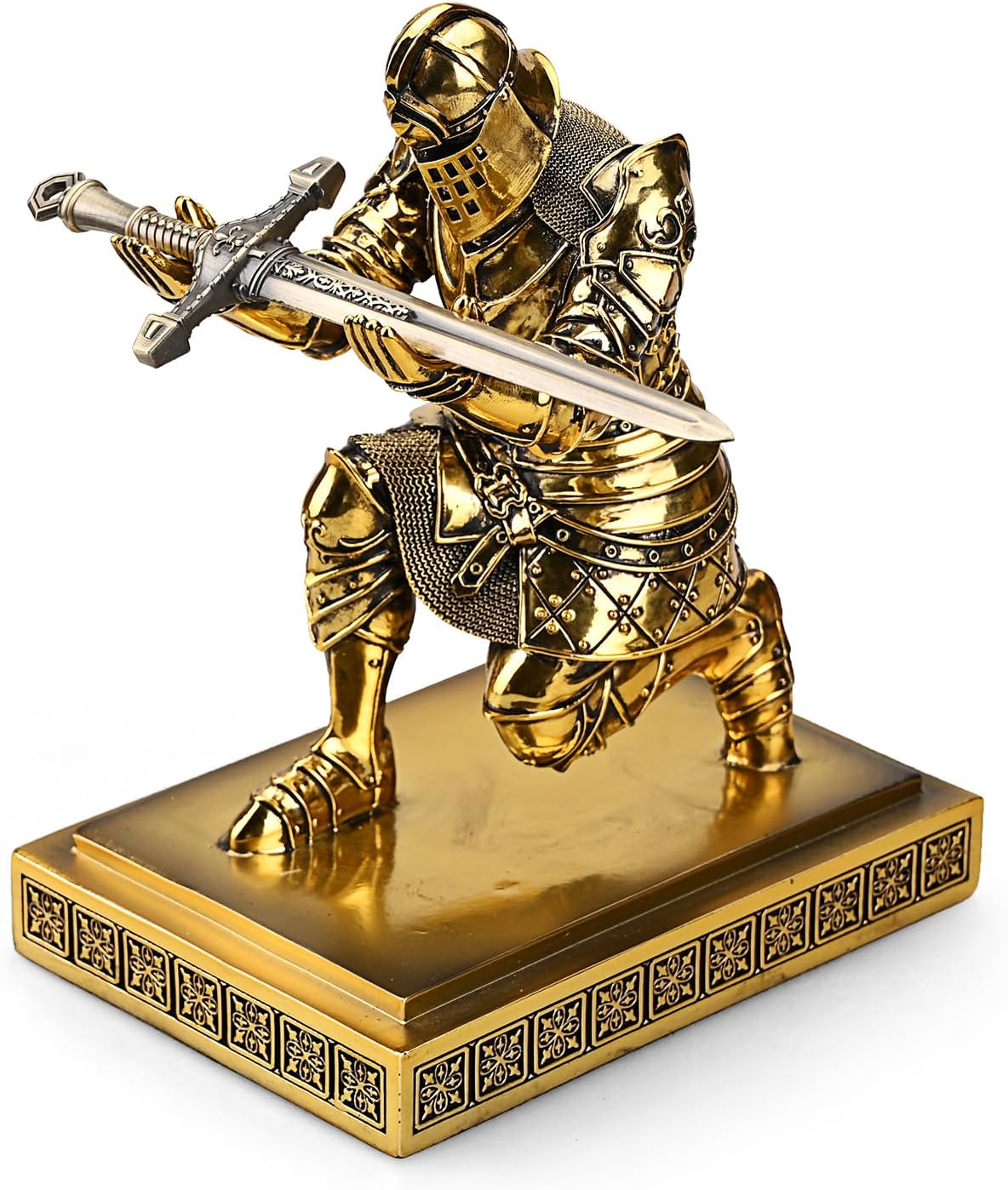 King's Guard Knight Pen Holder Pen Stand Desk Organizers and Accessories Resin Pencil Holder as Gift with a Metal Sword Letter Opener for Office and Home (Bronze(Plating))