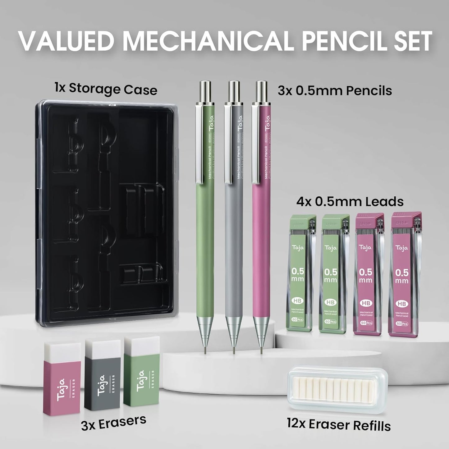 Aesthetic 0.5mm Mechanical Pencil Set with Case – 3 Vintage Mechanical Pencils, 4 Tubes HB #2 Lead Refills, 3 Erasers & 12 Eraser Refills, Cute Pencil Kit for Back to School Stationery Supplies