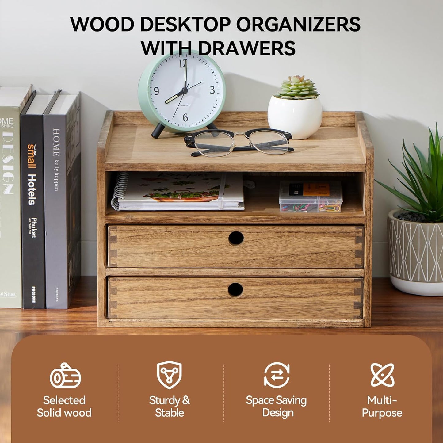 KIRIGEN Desktop Organizer Cabinet With 2 Drawers & Tray - Wood Office Desk Storage Shelf for Office Supplies - Small Cabinet for Countertop Accessories Storage 3 Layer Dark Brown（DT3D2C-DBR）