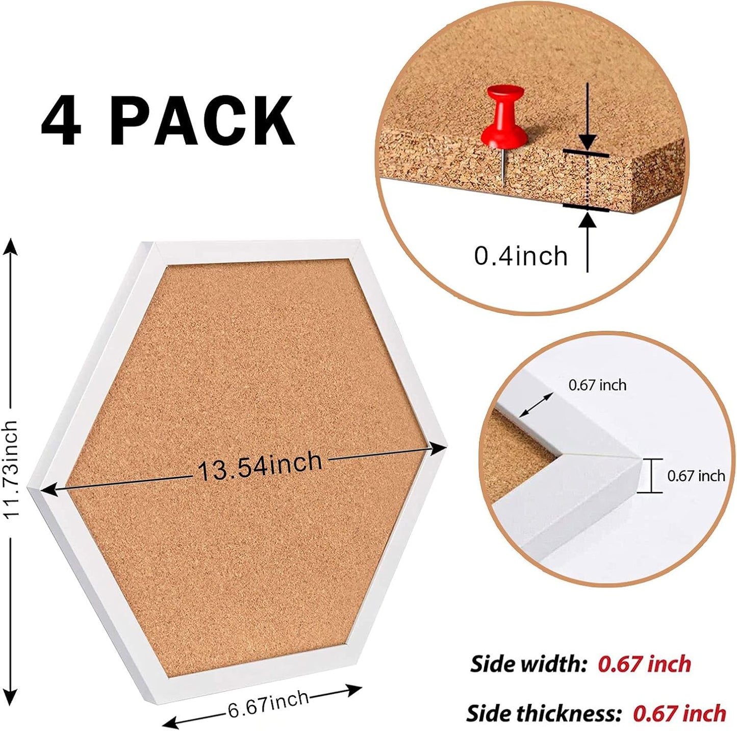 Cork Bulletin Board Hexagon White, Small Framed Corkboard Tiles for Wall, Thick Decorative Display Boards for Home Office Decor, School Message Board (4 Pack)