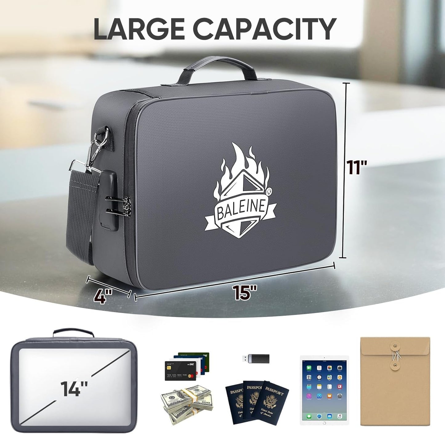 BALEINE Fireproof Document Box with Lock, Portable Fireproof Document Bag Waterproof Fire Proof File Boxes for Documents, File Organizer Box for Important Paperwork (Gray, 15''x11''x4'')