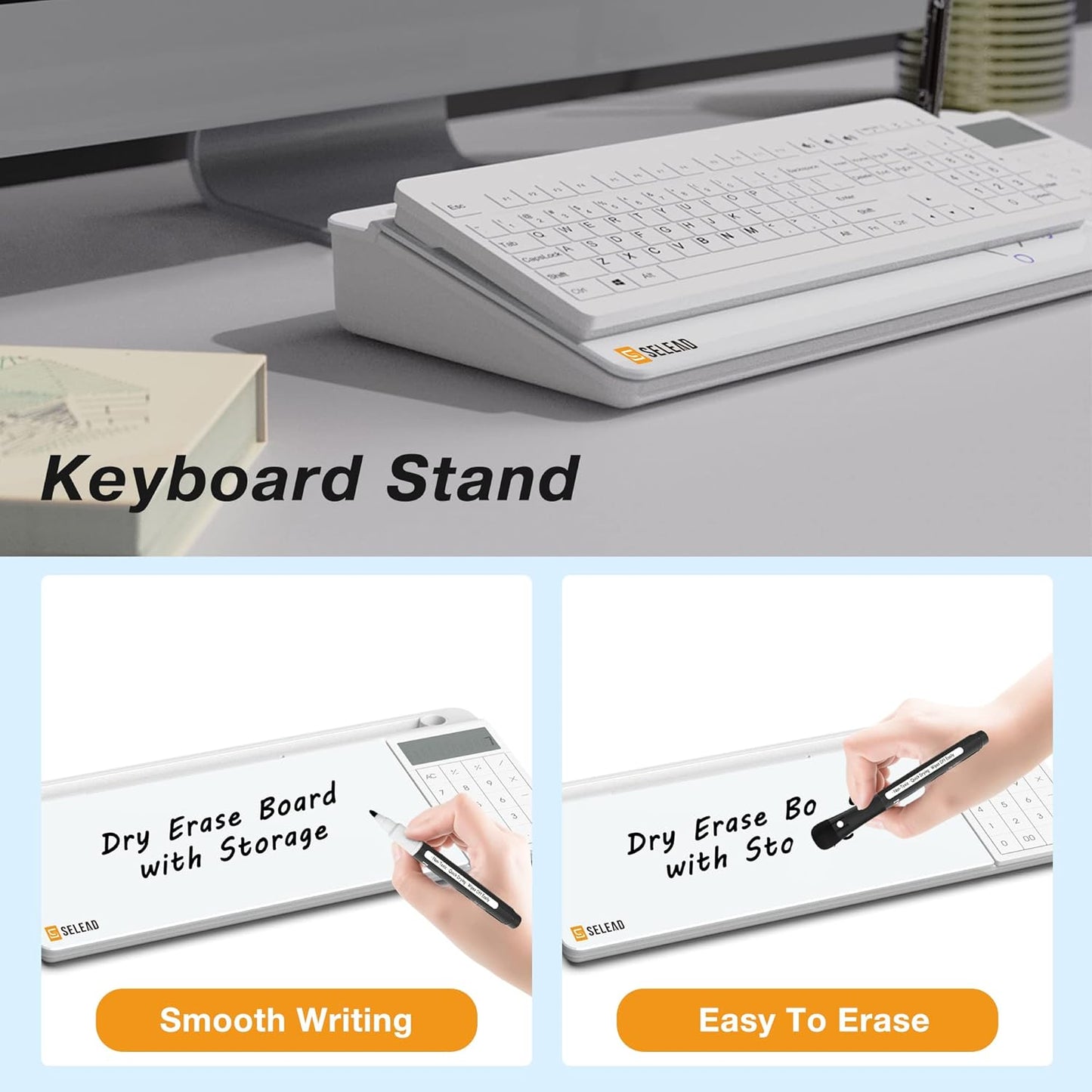 SELEAD Desktop Glass Whiteboard with Calculator, Organizer, Markers, Eraser, Holder - Small Dry Erase White Board Computer Pad Keyboard Stand Desk Drawer Accessories for Home, School, Office