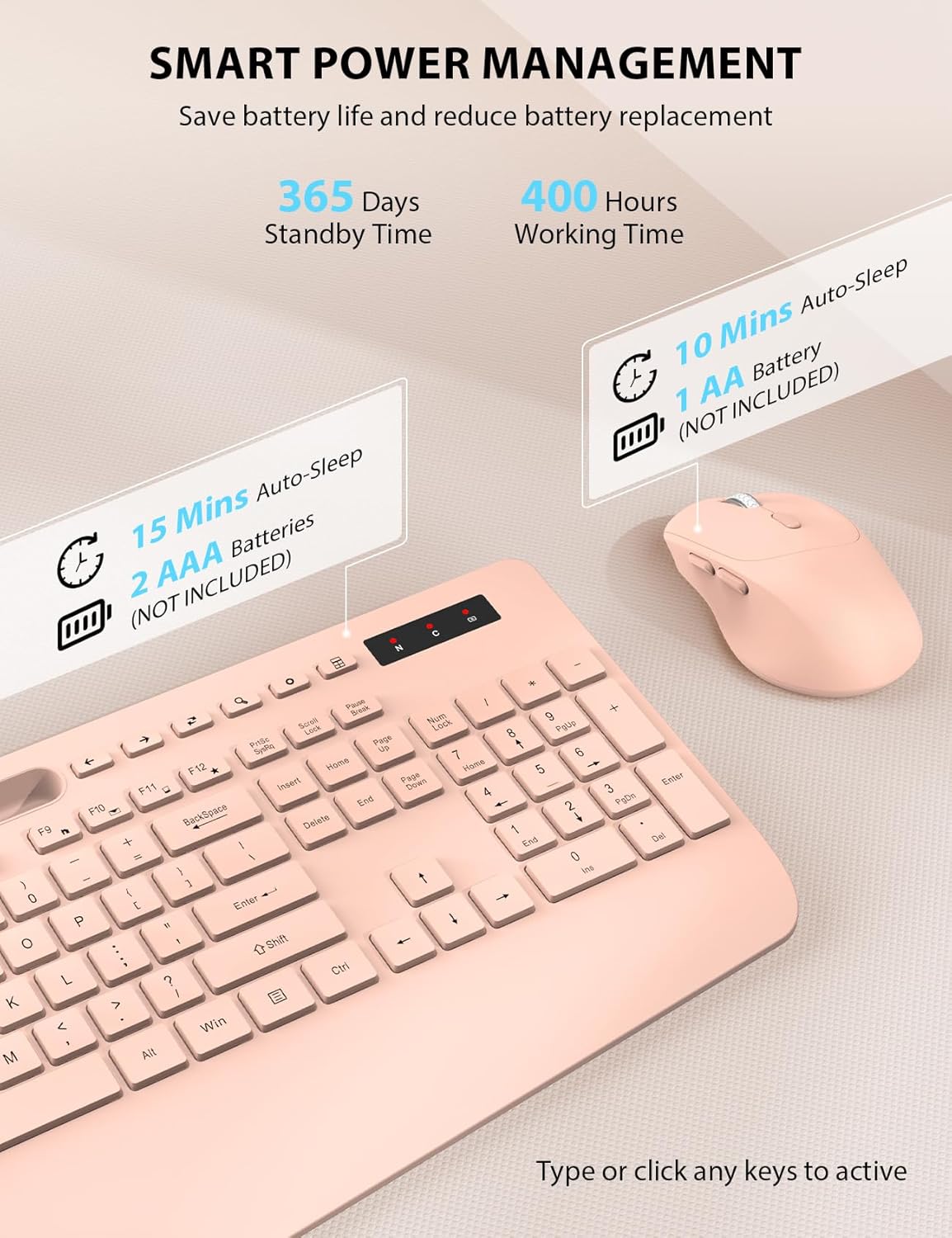 Trueque Wireless Keyboard and Mouse Combo - Full-Sized Ergonomic Keyboard with Wrist Rest, Phone Holder, Sleep Mode, Silent 2.4GHz Cordless Keyboards Mice Set for Computer, Laptop, PC, Windows (Pink)