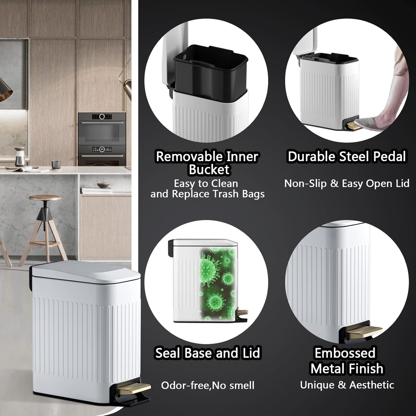 Small Bathroom Trash Can with Lid Soft Close-6L/1.6 Gal Slim Step Garbage Can-Metal Pedal Wastebasket-Narrow Rectangle Garbage Container Bin for Corner Office, Bedroom, Toilet, Live Room-White