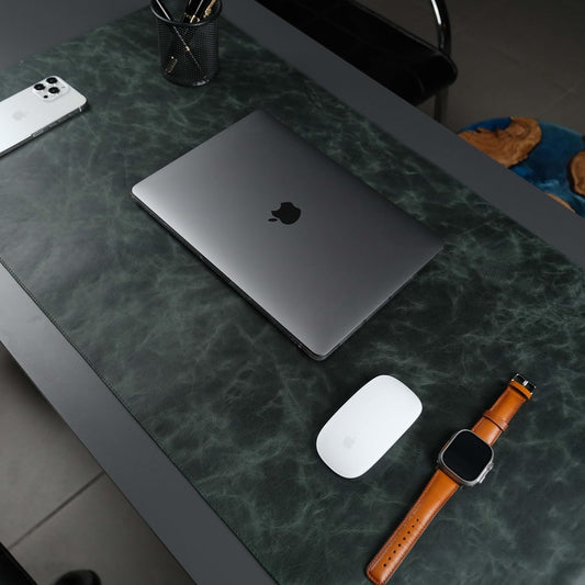 Jersey Genuine Calfskin Leather Desk Pad, Office Desk Mat with Non-Slip Bottom, Smooth Surface for Mouse & Keyboard, Desk Protector (36x19 inches) (Dark Green)