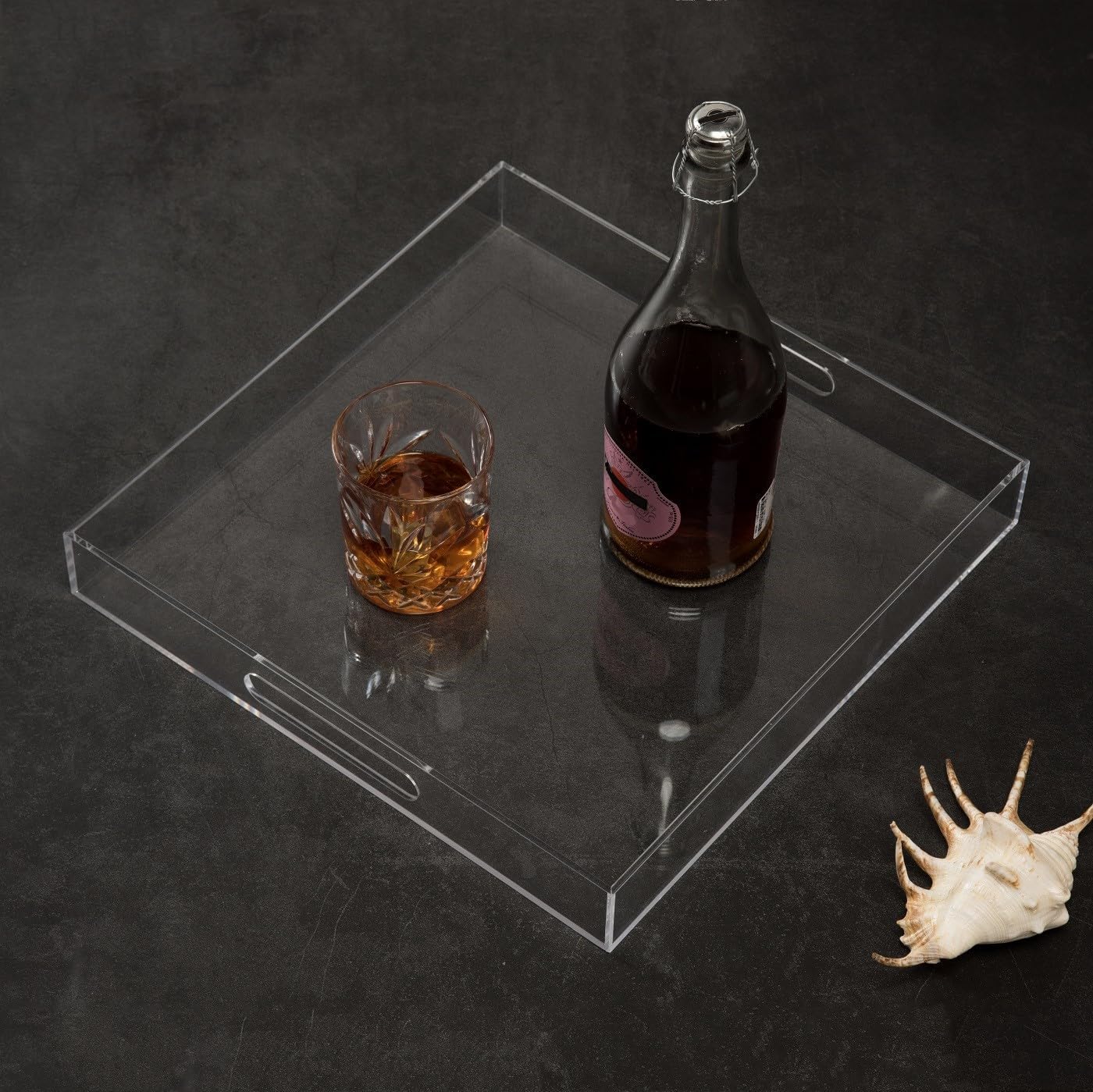 Clear Sturdy Acrylic Serving Tray with Handles - 14x14Inch - Coffee, Appetizer, Breakfast, Butler Tray - Kitchen Countertop & Makeup Drawer Organizer