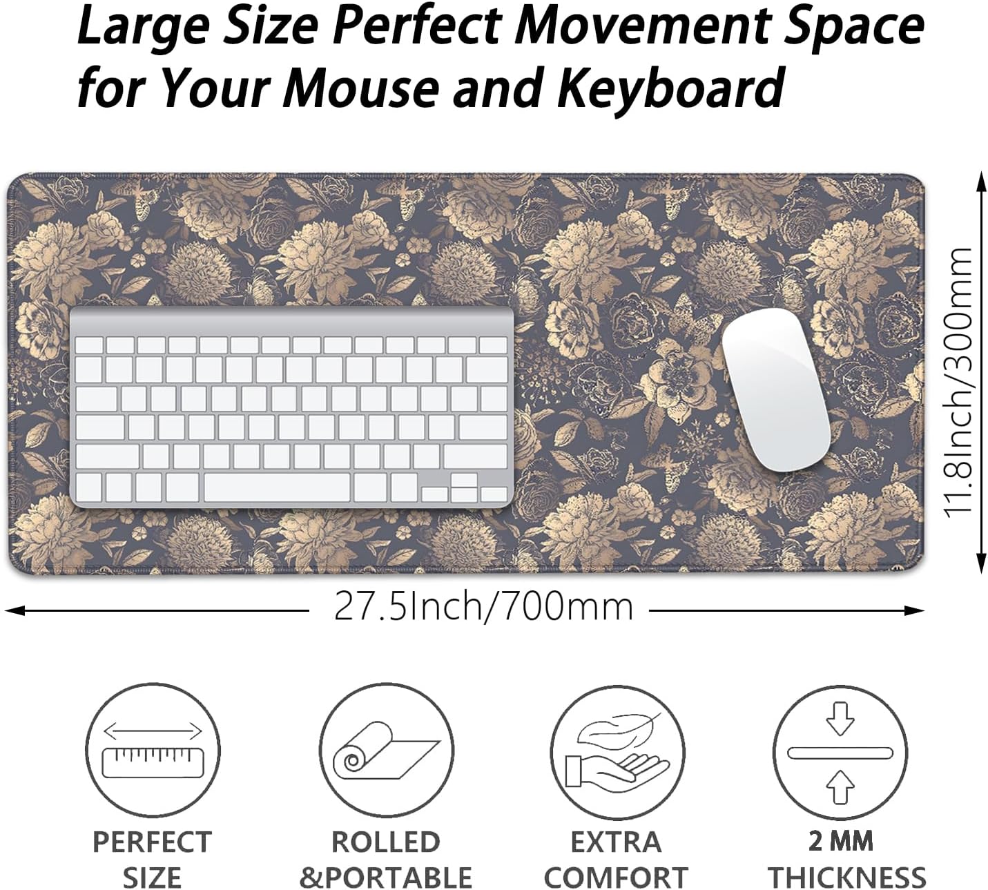 Vintage Roses and Peonies Desk Pad Mouse Pad,Dark Floral Mouse Mat with Stitched Edges,Non-Slip Rubber Base Black Mousepad for Office PC Keyboard Laptop and Home Work Desk Mat(27.5X11.8 in)