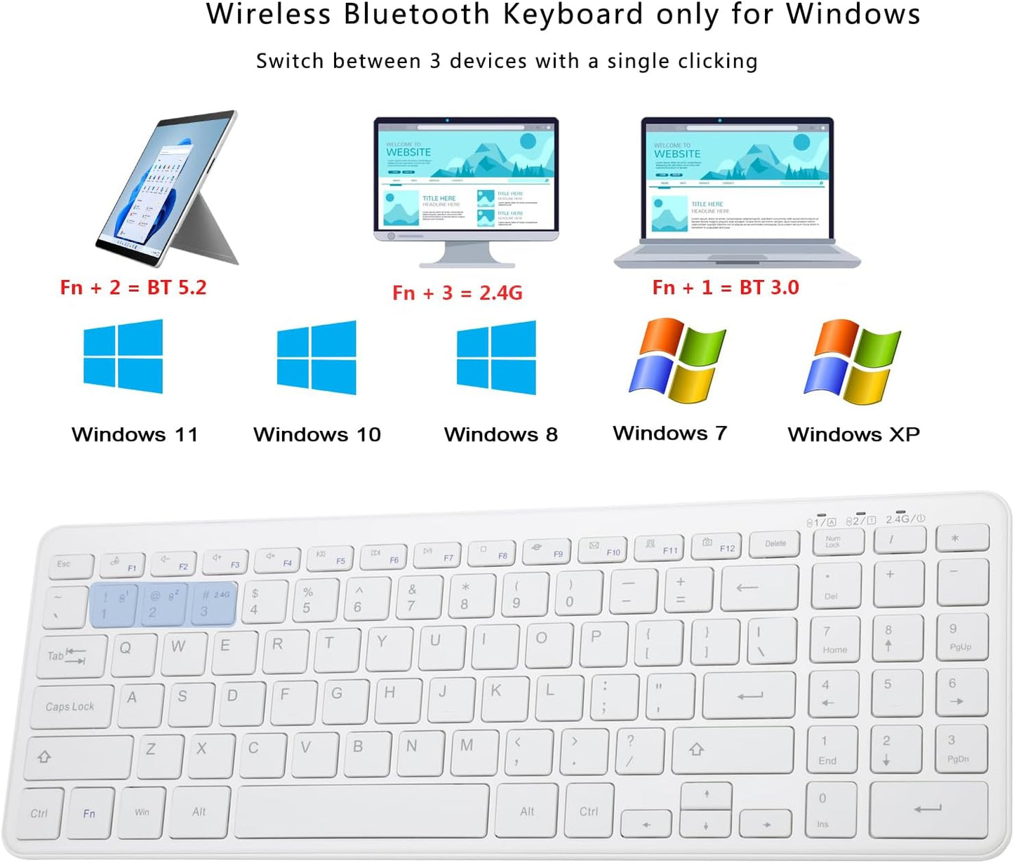 Wireless Bluetooth Keyboard, Universal Multi-Device Keyboard with Number Pad and Media Hotkeys, USB + Dual BT Connection, Ergonomic Design Slim for Windows Computer/Laptop/Tablet