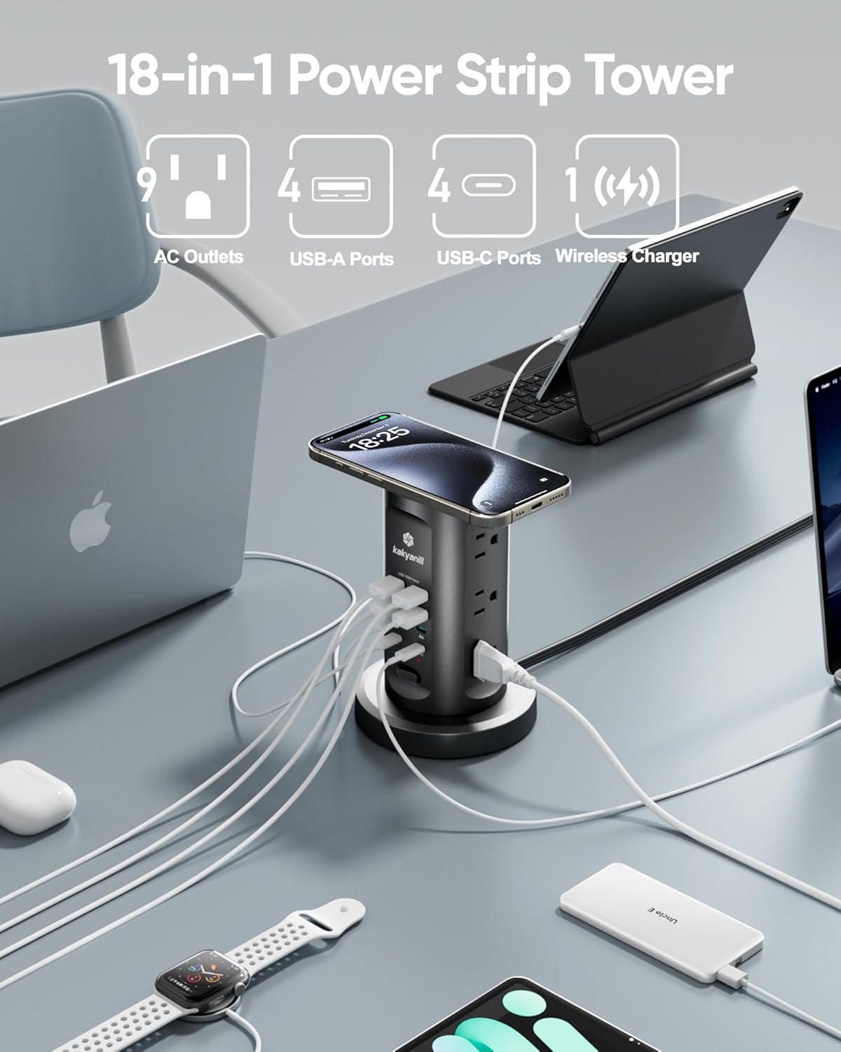 115W USB Charging Station, Surge Protector Power Strip Tower, 9 AC Outlets with 8 USB Ports(4 USB-C), 6Ft Flat Plug Retractable Extension Cord, for Home Office Dorm, Black