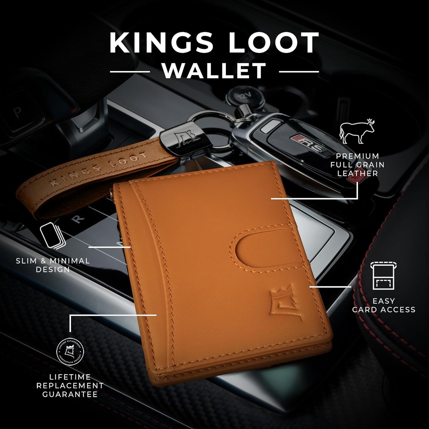 Kings Loot Money Clip Slim Minimalist Wallet for Men – RFID Blocking Leather Design with Money Clip – Front Pocket Bifold Holds 12 Cards – Stylish & Compact Wallets (Cognac/Premium Engraved)