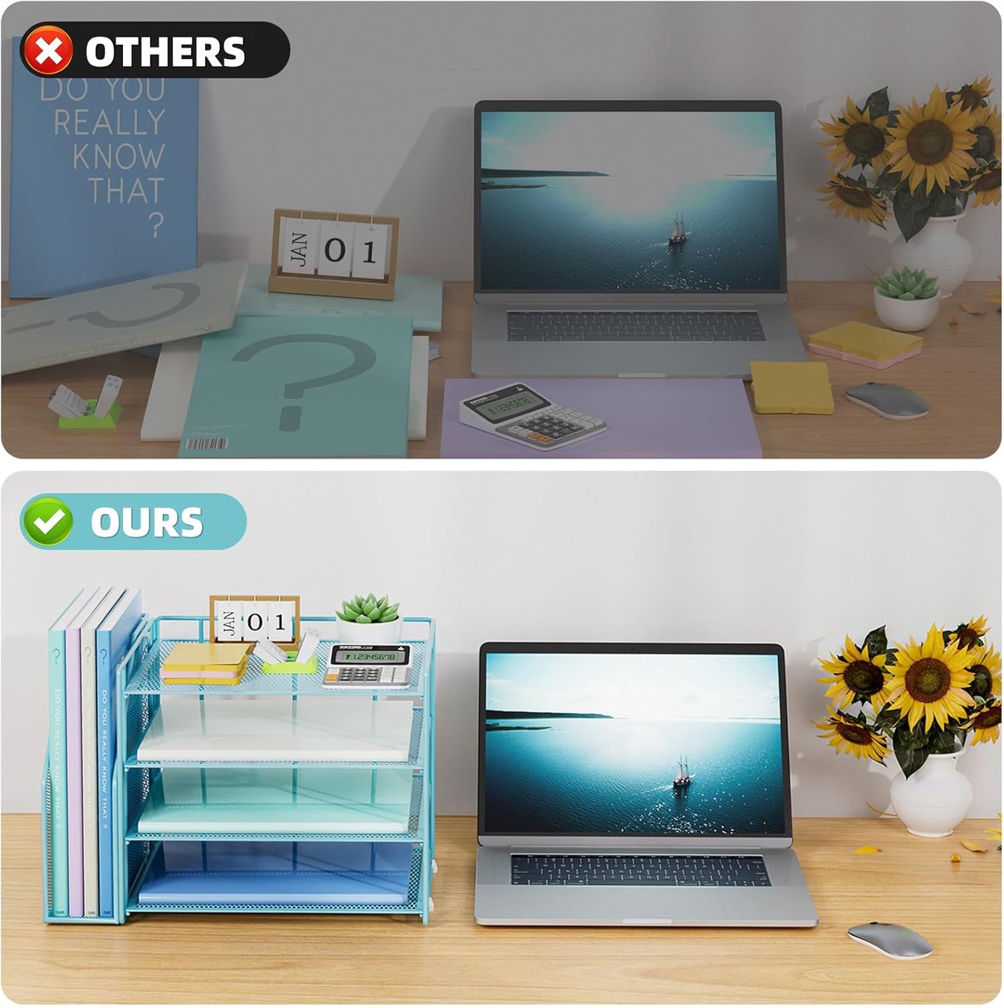 Marbrasse Desk Organizer and Accessories，4-Tier Paper Letter Tray Organizer with File Holder，Desk Accessories & Workspace Desktop Organizers for School Home Office Supplies (Blue)