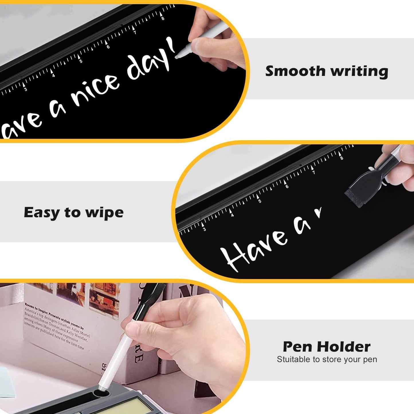 Desktop Glass Whiteboard with Calculator(12 Digit LCD Display) & Ruler Marker,Tilted Notepad Computer Keyboard Stand with Black Dry Erase Board Surface, Desk Organizers with Accessories,Black