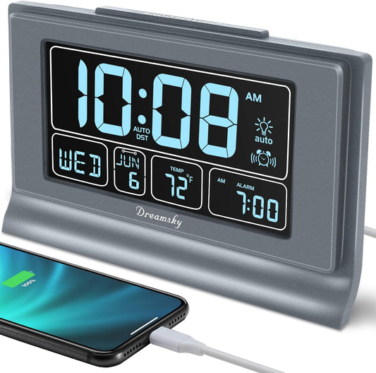 DreamSky Digital Alarm Clock with Battery Backup, 5 Inch Large Display, Auto Set Clock, USB Charging Ports, 12/24H