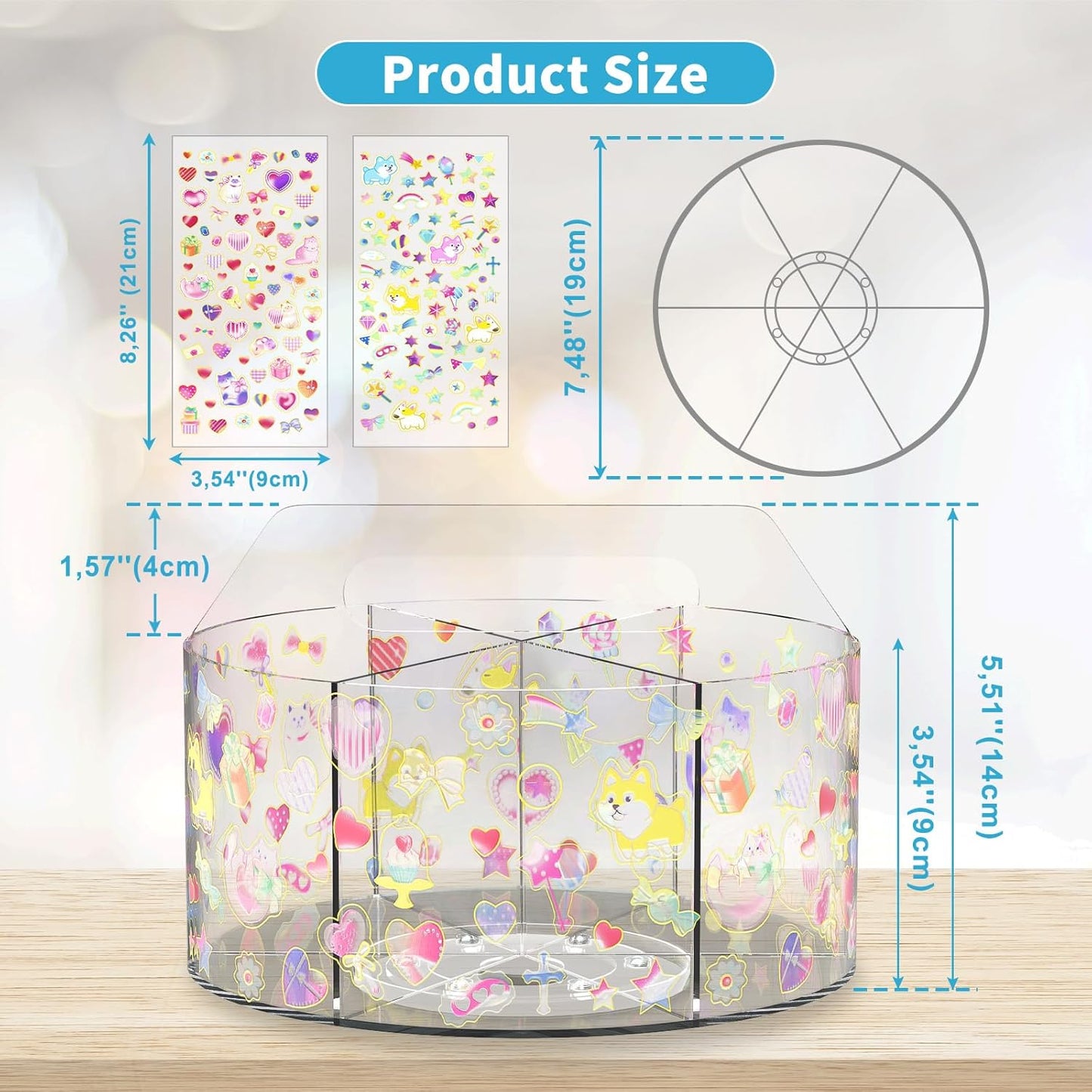 Acrylic Pen Holder with 2 Adhesive DIY Stickers, Desk Organizer Marker Holder with Cute Sticker, 360 Degree Office Supply Organizer Clear Pencil Holder Kid Art Supply Storage Organizer 6 Compartments