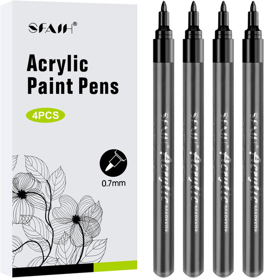 SFAIH Black Paint Markers Pens -4 Pack 0.7MM Fine Tip Acrylic Markers for Rock Rock Painting, Bold Lettering, Poster Making, Labeling, Wood Signs