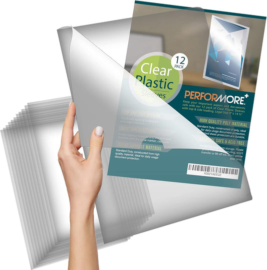 Performore 12 Pack of Clear Project Pocket Sleeves, 9" X 14.5" Legal Size Transparent Plastic Folder Protectors for Documents, Files and Papers, Premium Quality