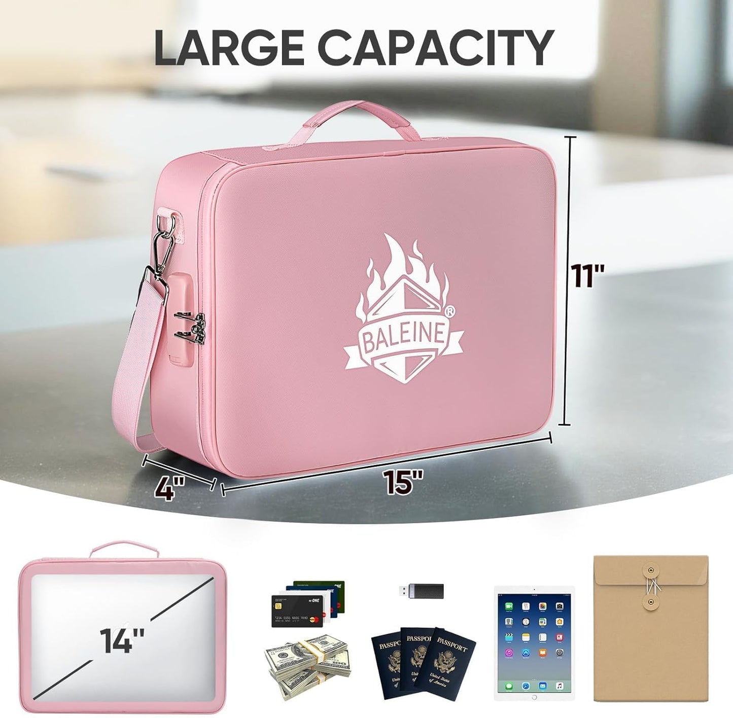 BALEINE Fireproof Document Box with Lock, Portable Fireproof Document Bag Waterproof Fire Proof File Boxes for Documents, File Organizer Box for Important Paperwork (Pink, 15''x11''x4'')