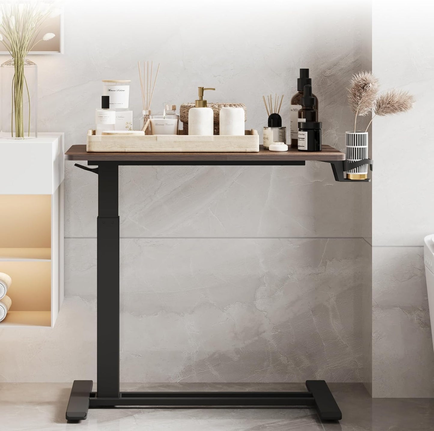 SANODESK Mobile Standing Desk with Hidden Wheels,Pneumatic Laptop Desk Rolling Computer Cart Movable Height Adjustable Small Sit Stand Desk for Home Office(31.5" W x 17.7" D,Black Walnut)