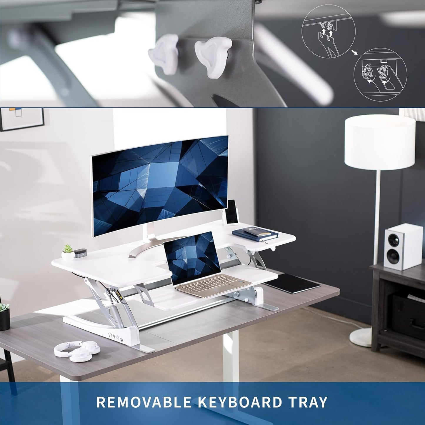 VIVO 48 inch Height Adjustable Large Stand Up Desk Converter, V Series, Quick Sit to Stand Tabletop Dual Monitor Riser Workstation, White, DESK-V048VW