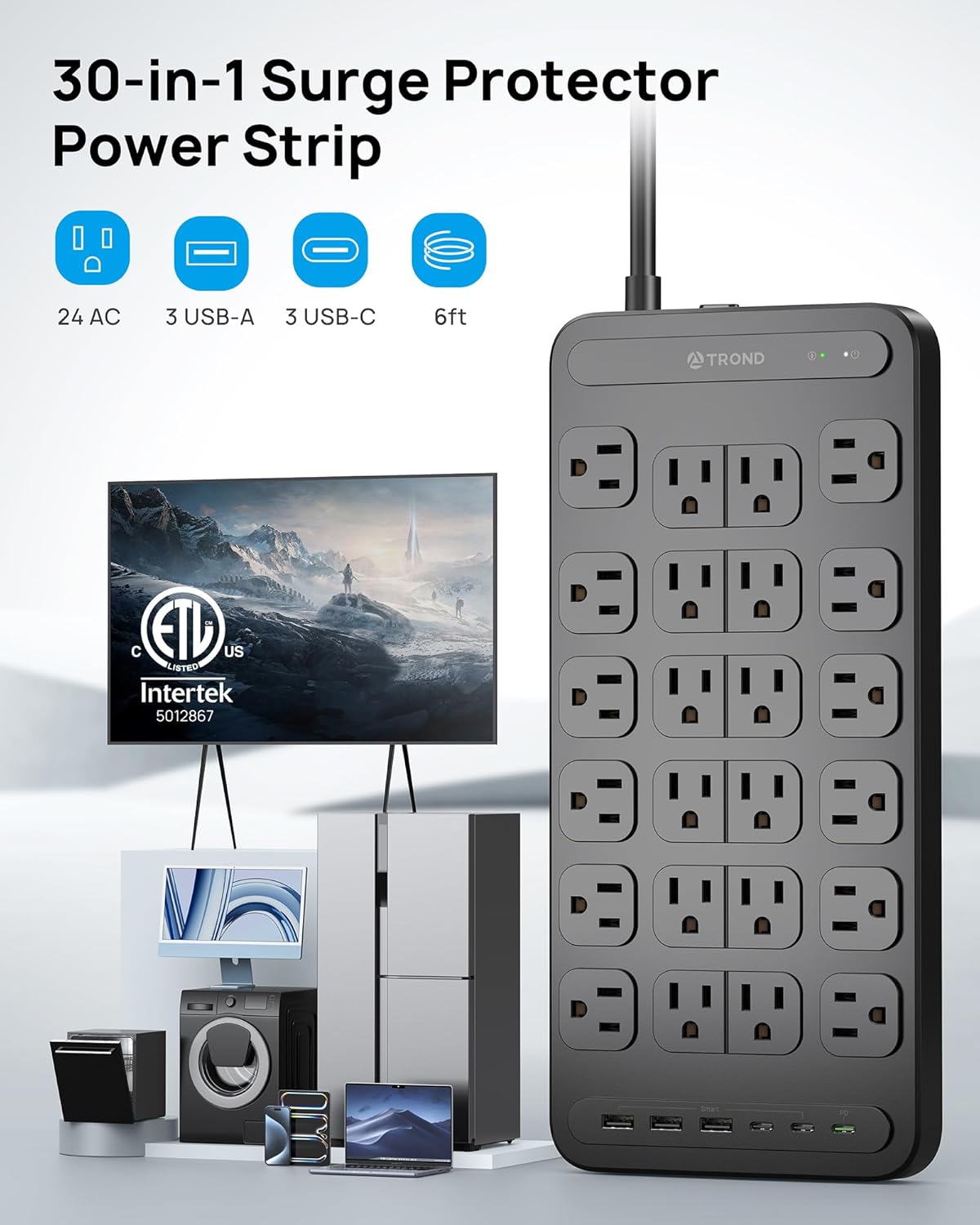 TROND Surge Protector Power Strip, 360° Rotating Flat Plug, 24 AC Outlets, 6 USB Ports Total 37W, 4000 Joules, ETL Listed, 6ft Heavy Duty Extension Cord 1875W for Gaming Dorm Room Essentials Black