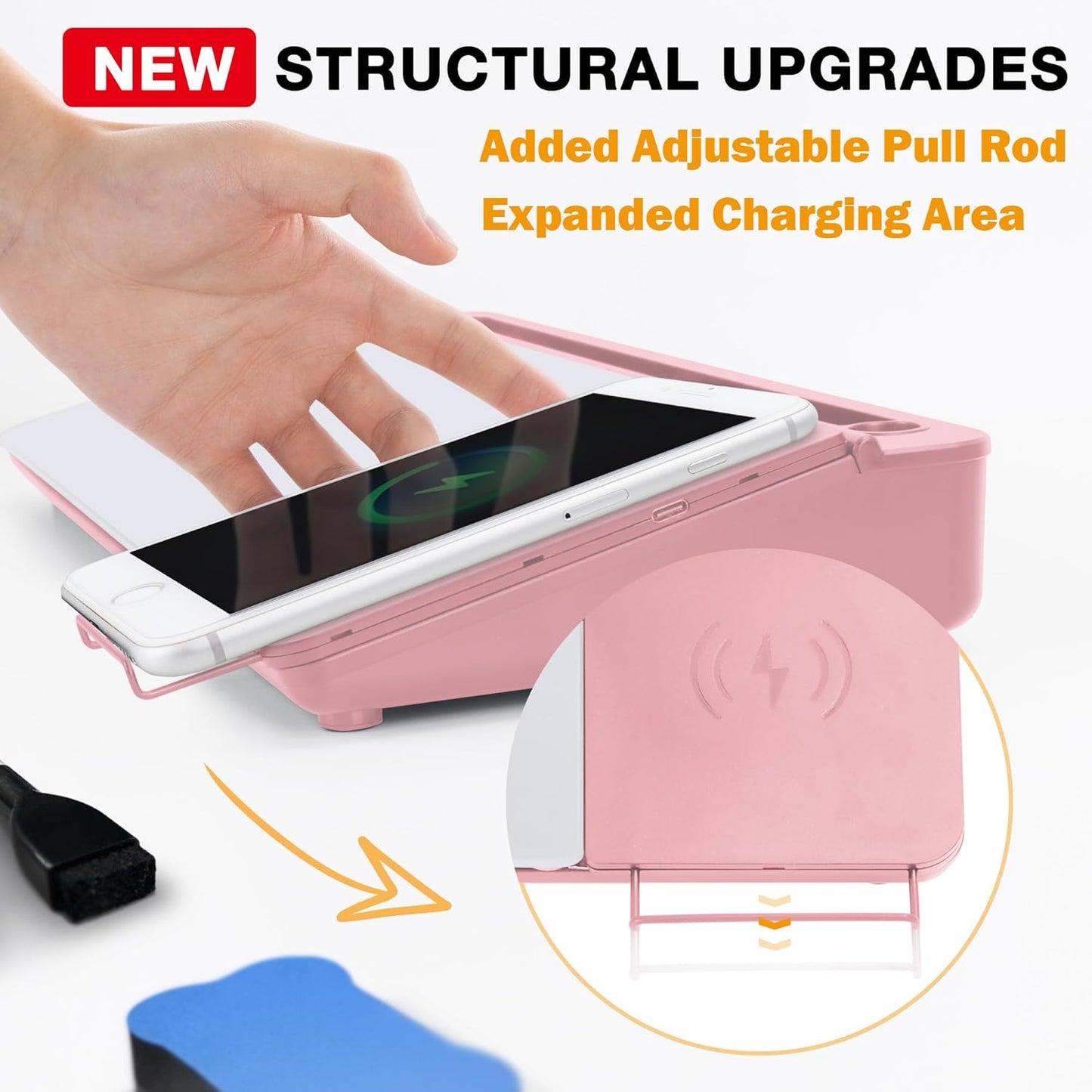 SELEAD Desktop Glass Whiteboard with Wireless Charger Station and Mirror, Desk Dry Erase Board Computer Pad Keyboard Stand with Organizer for Home, School, Office Accessories for Women, Pink