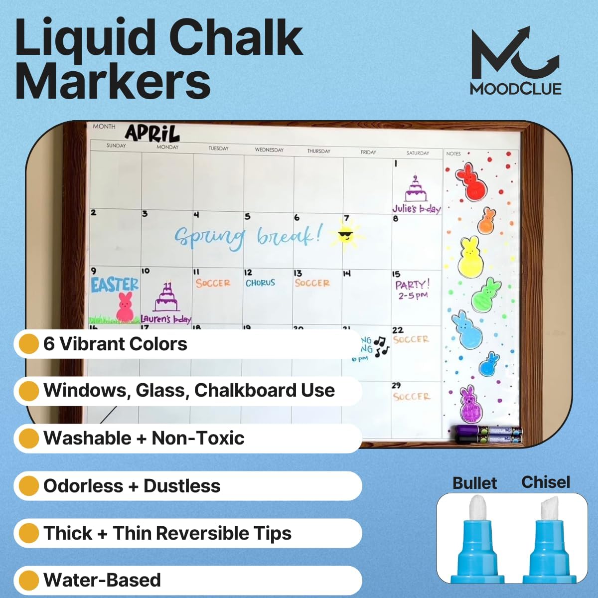 Liquid chalk markers erasable. 6 neon dry & wet erase marker pens for windows, mirrors, whiteboards, chalkboards, glass boards, auto windshields. Reversible thick and thin tip. Washable