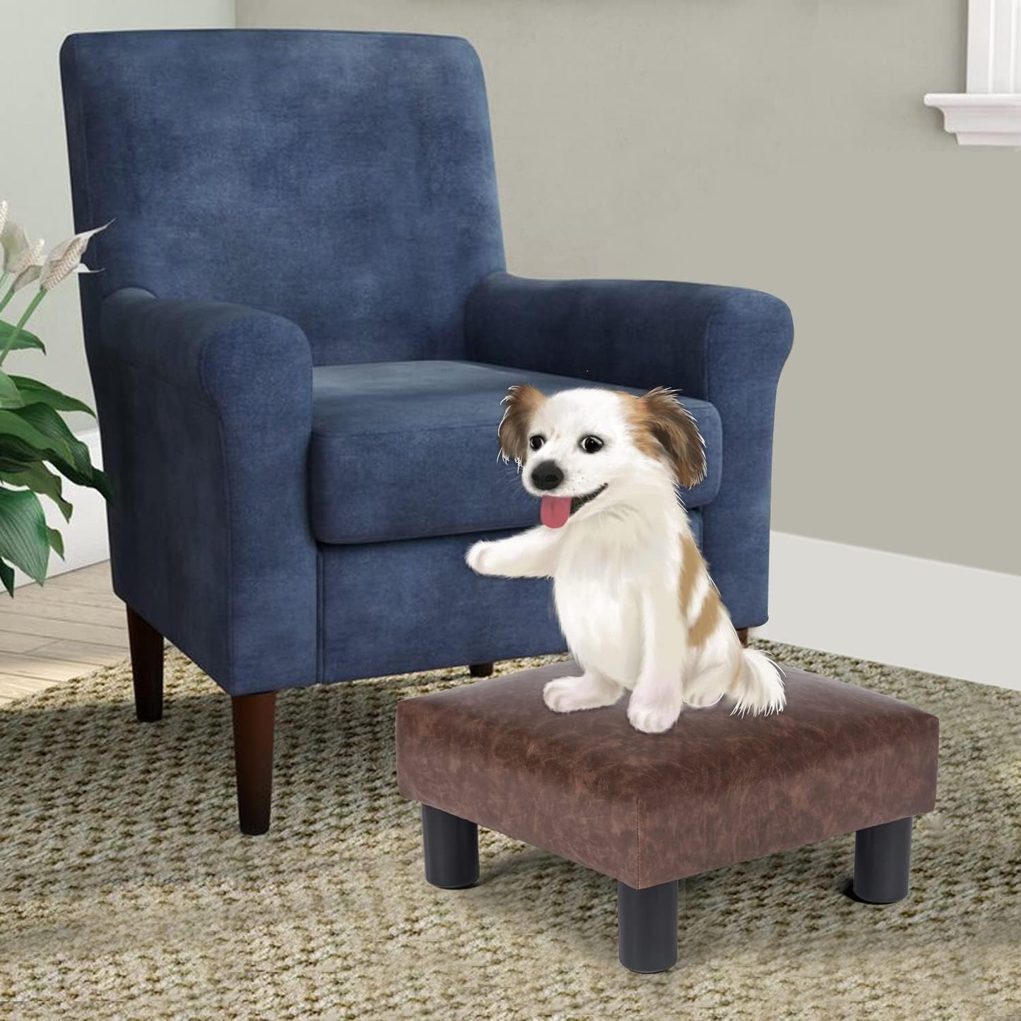 Joveco Small Footstool Ottoman Upholstered PU Leather Square Footrest Ottomans Small Foot Rest for Desk Couch Living Room Bedroom Office (Brown)