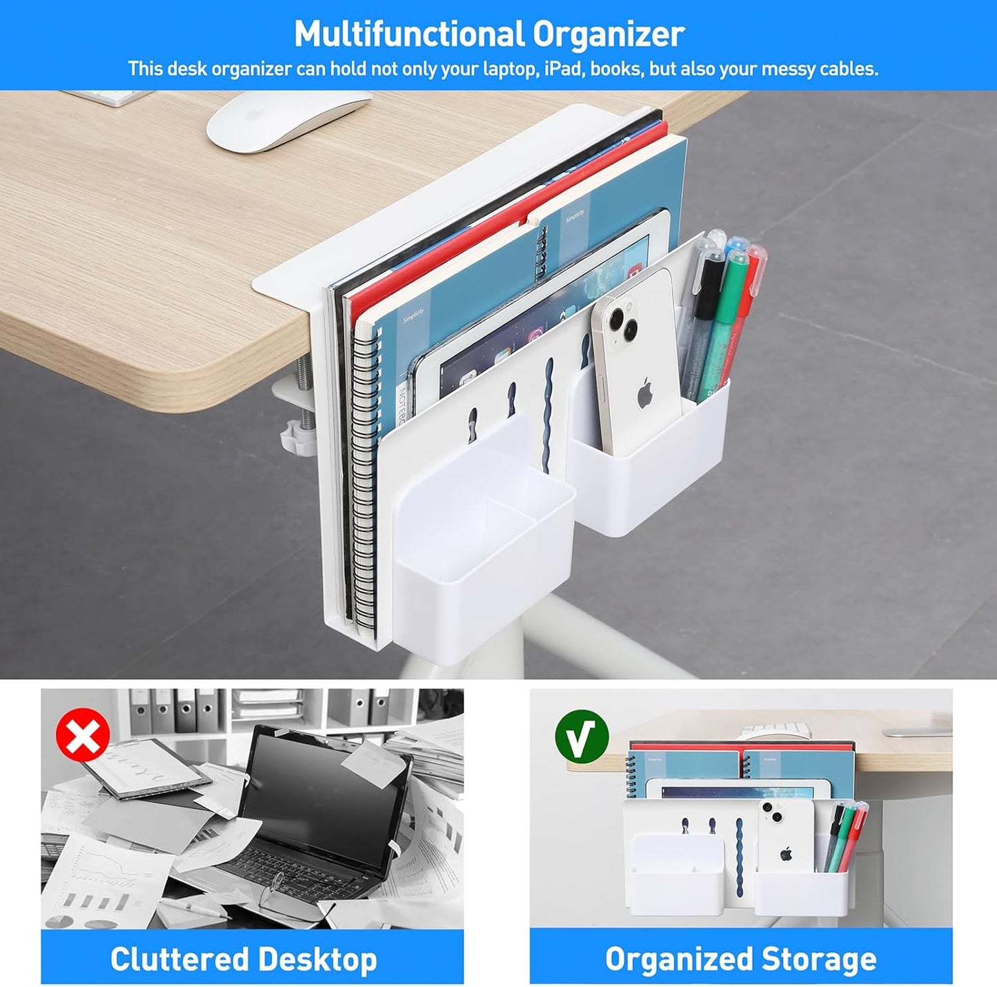 MAXECHO Desk Side Storage, Under Desk Laptop Mount, Table Side Hanging File Organizer, No Drill Clamp On Cable Management Tray, Laptop Holder with Magnetic Pen Holder for Office and Home, Load 22 Lbs