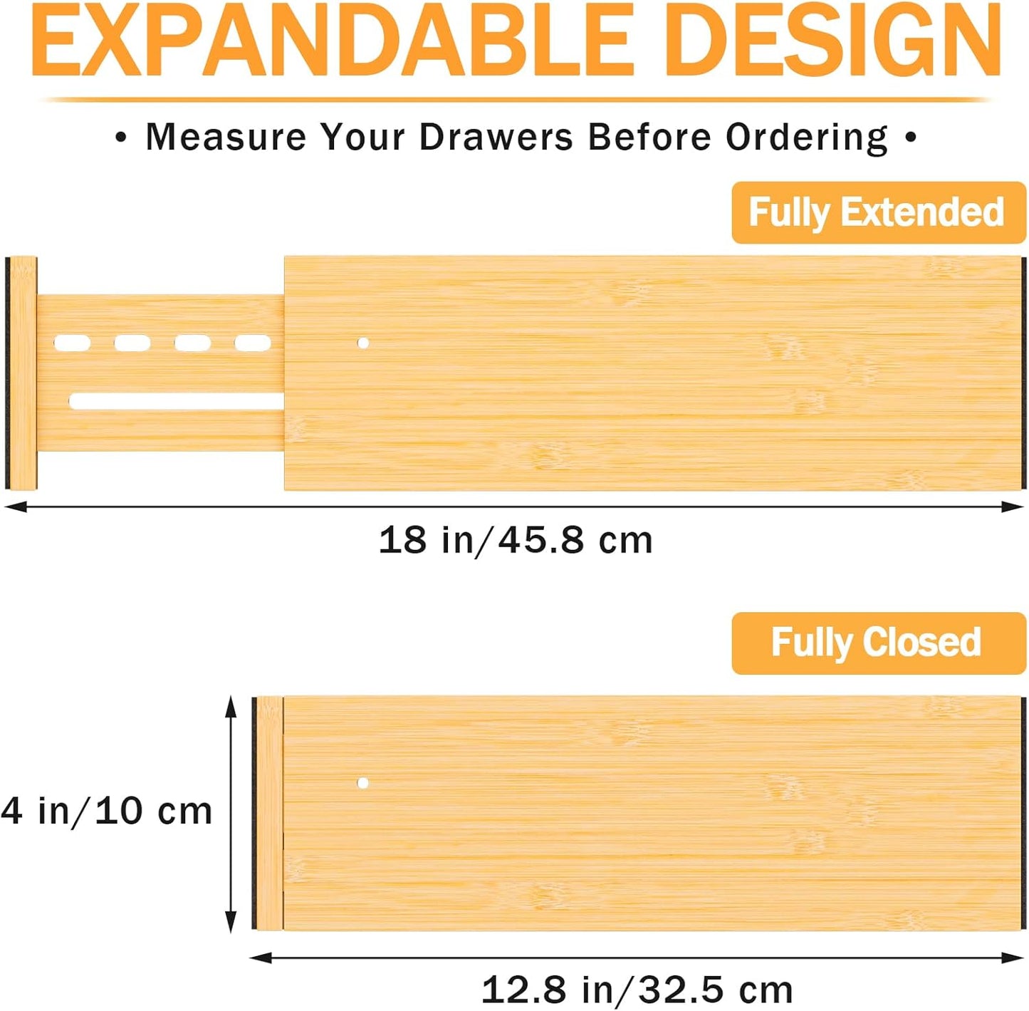 Bamboo Drawer Dividers 4" High, 12.8-18" Adjustable Drawer Organizers for Clothes,Expandable Dresser Separators in Bedroom/Kitchen/Bathroom/Office Organization and Storage,6 Pack