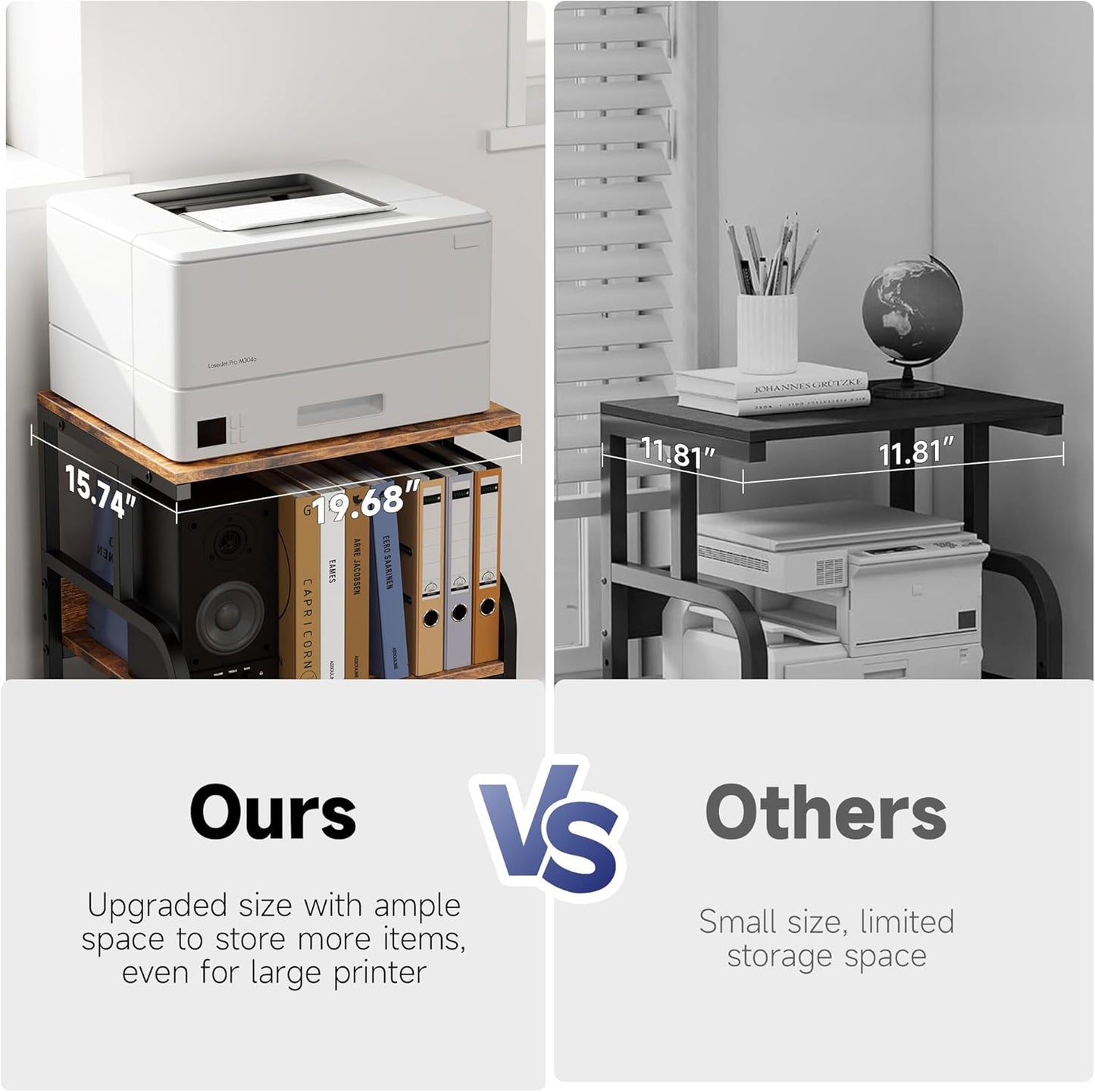 Printer Stand, 19.68×15.75×27.55 Printer Table with Adjustable Storage Shelf, 3 Tier Rolling Cart with Wheels, Space Saving Desk for Home Office, Mini Fridge & Heat Press Stand, Rustic Brown