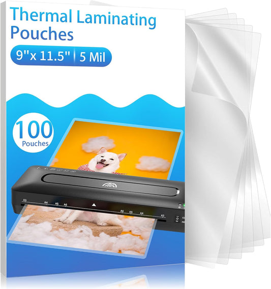 Clear Thermal Laminating Pouches – 9 x 11.5 Inch, 5 mil Thick (100 Pack) – Professional-Grade Lamination Sheets for Documents, Photos & Crafts – Fits 8.5 x 11 Letter Size Paper - [5mil 100 Packs]
