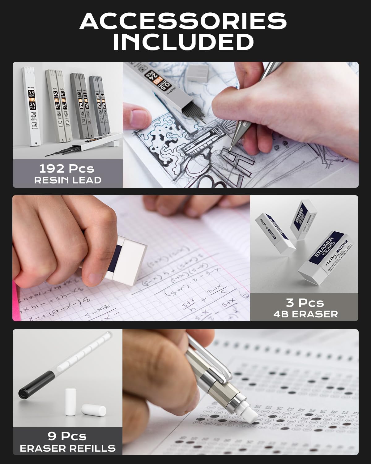 Nicpro 8 Pack 0.5mm & 0.7mm Metal Mechanical Pencil Set, MB1000 Lead Drafting Pencil for Artist Writing, Sketching, Drawing with 8 Tubes HB Lead Refills, 3PCS 4B Eraser, 9PCS Cap Eraser - With Case