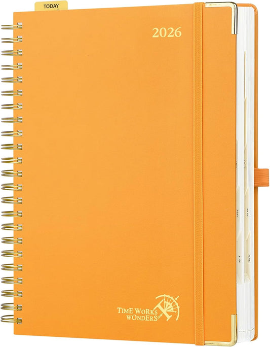 POPRUN 2026 Daily Planner One Page A Day - [A4 Large Size 8.5" x 12" -Spiral Hard Cover], Agenda 2026 Hourly Appointment Book with Monthly Calendar, Pen Holder, Ivory Paper - Orange