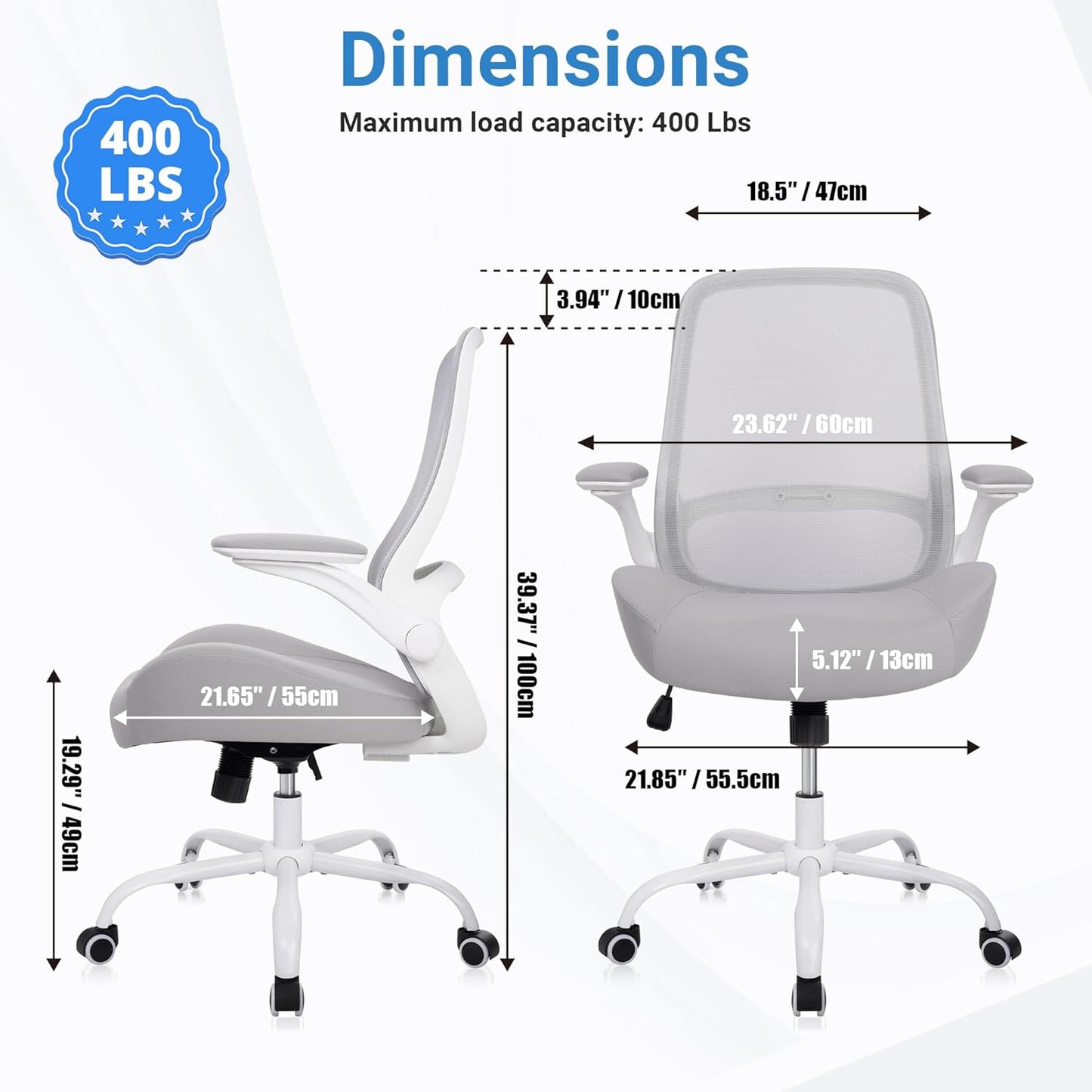 HYLONE Heavy Duty Office Chair, 5" Thickened Seat Ergonomic Desk Chair with Adjustable Armrests, Home Office Computer Chairs for Long Hours Mesh Executive Chair(White Base & Grey)