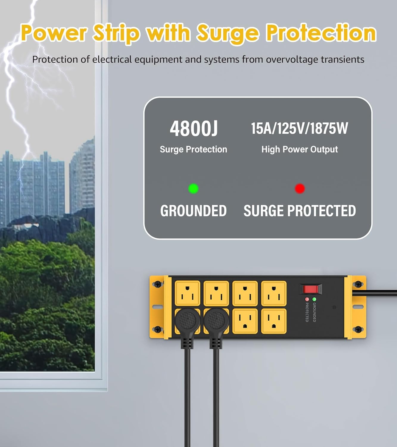HHSOET 2 Pack Heavy Duty Power Strip 8 Outlets, Metal Wall Mount Outlet Strip 4800J Surge Protector, Garage Shop Under Desk Mountable 5FT Extension Cord Plug.
