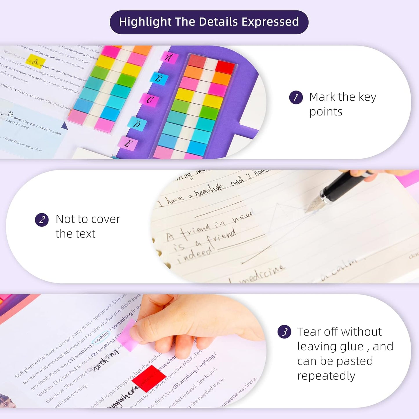 Golcellia Transparent Sticky Notes, See Through Sticky Note, Pastel Colorful Clear Sticky Notes-1040 Sheet Pack (3 Styles) Annotating Books Repositionable Translucent Sticky Tabs