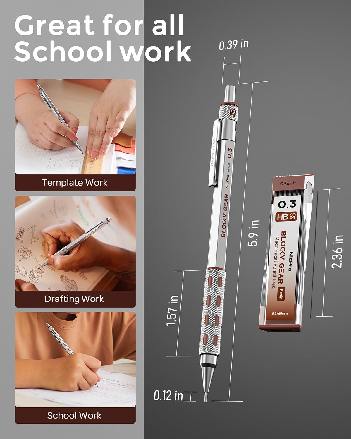 Nicpro Blocky Gear 0.3 mm Mechanical Pencils Set in Case, Metal Pencil with Lead Refills, Eraser for Professional & Adult Art Writing Drafting Drawing