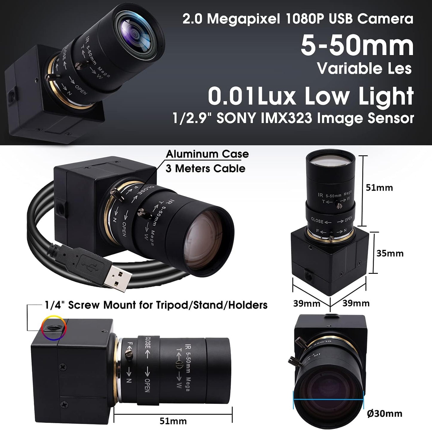 SVPRO 5-50mm Zoom Lens USB Camera 1080P with Sony IMX323 Sensor, H.264 HD Camera with 0.01lux Ultra Low Light USB Webcam for Weak Light Conditions,PC Cam for Windows Linux Mac Android