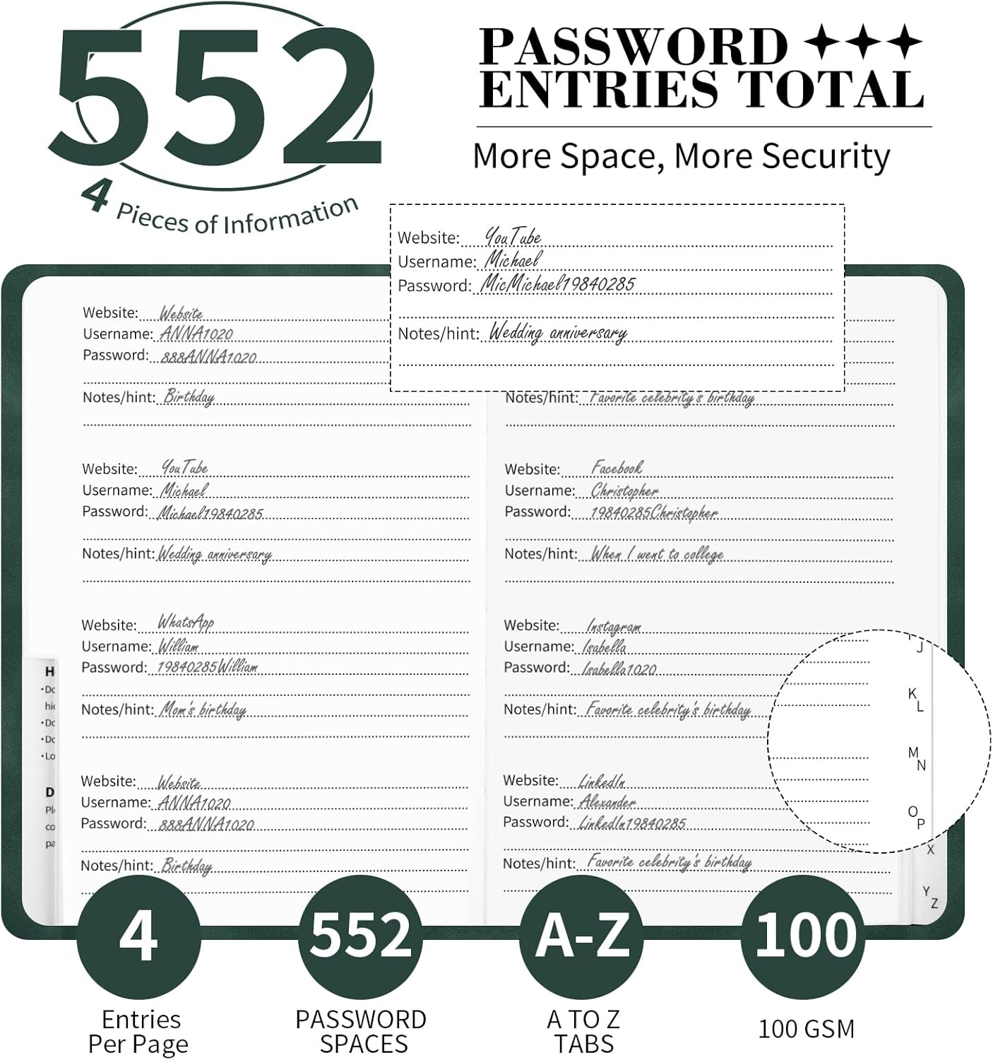 Password Book with Alphabetical Tabs, 5.4"x7.8"Password Keeper Book, 160 Pages/100GSM Hardcover Notebook, Password Organizer for Internet Website Address Login