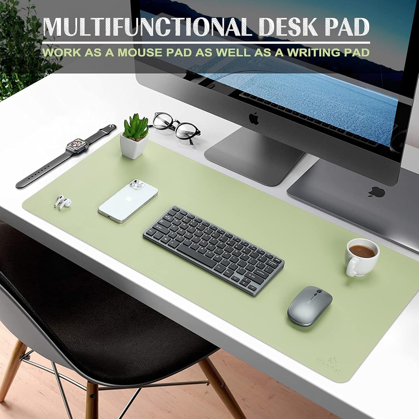 K KNODEL Large Office Leather Desk Mat, Mouse and Keyboard Pad, Computer and Laptop Mat, Desktop Protector and Cover, Writing Pad and Blotter (31.5"x15.7", Light Green)