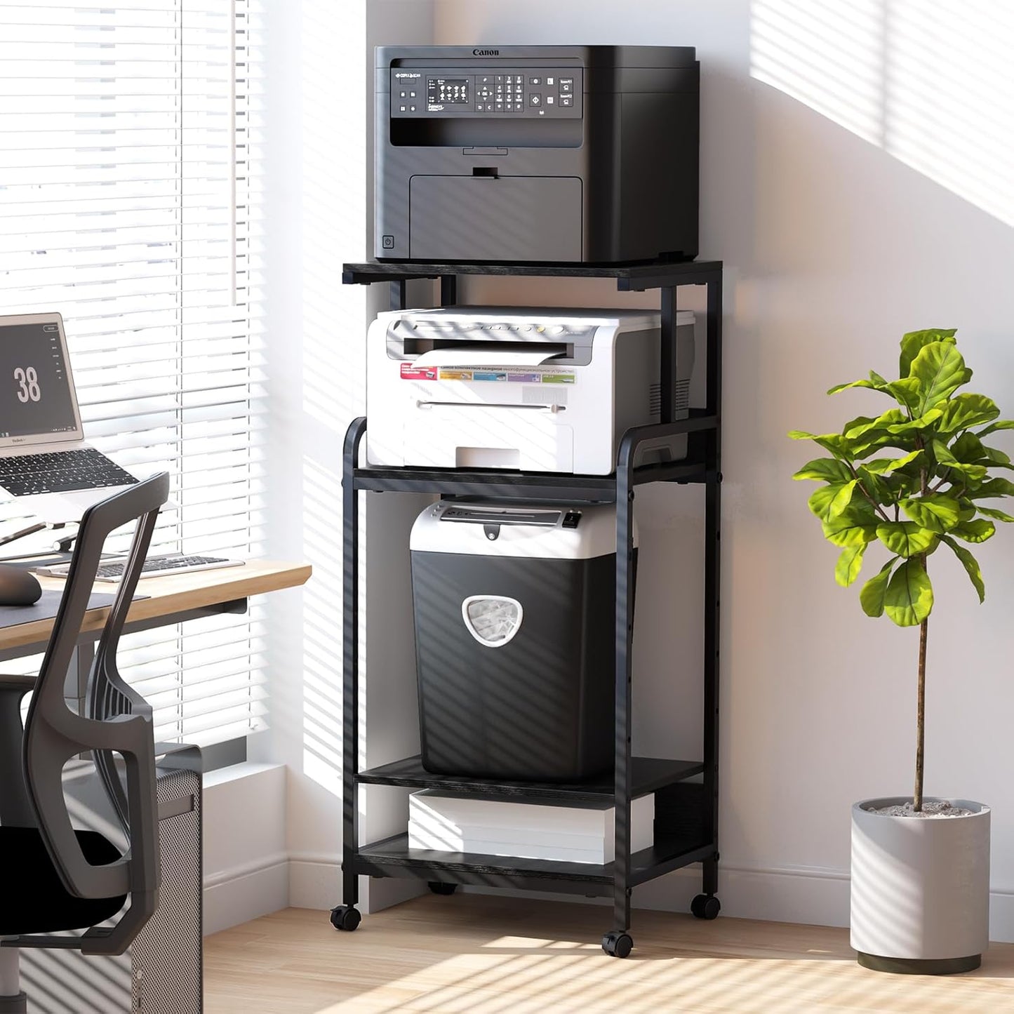 4 Tier Stand with Storage Shelf, Tall Mobile Printer Table for Home Office, Adjustable Stands for Heat Press Scanner Fax (Black)