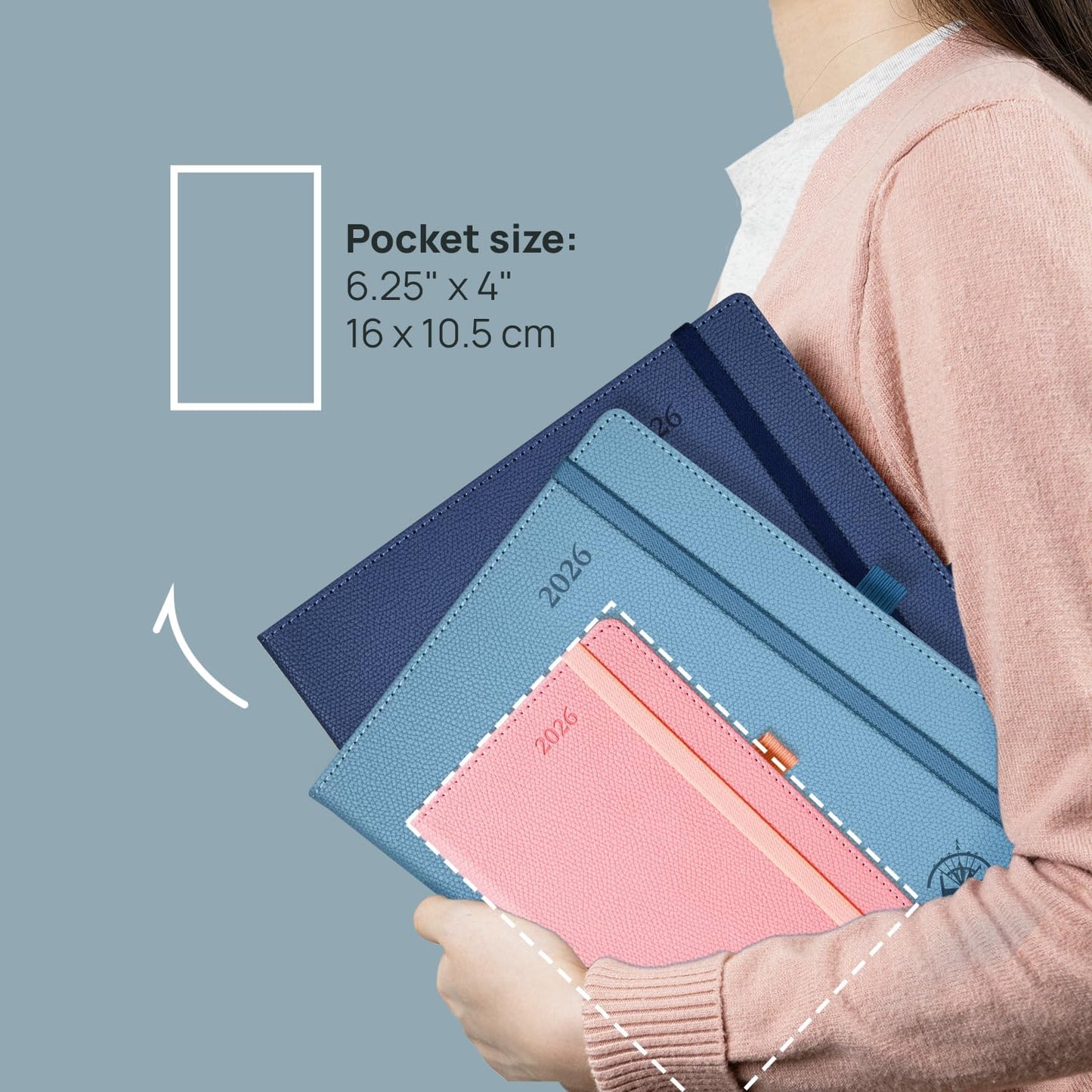 POPRUN Weekly Planner 2026 Calendar (Pocket 4'' x 6.25'') 12 Months Notebook with Horizontal Layout, Leather Hardcover, Inner Pocket, 100GSM Thick Paper, Pen Holder - Aquamarine