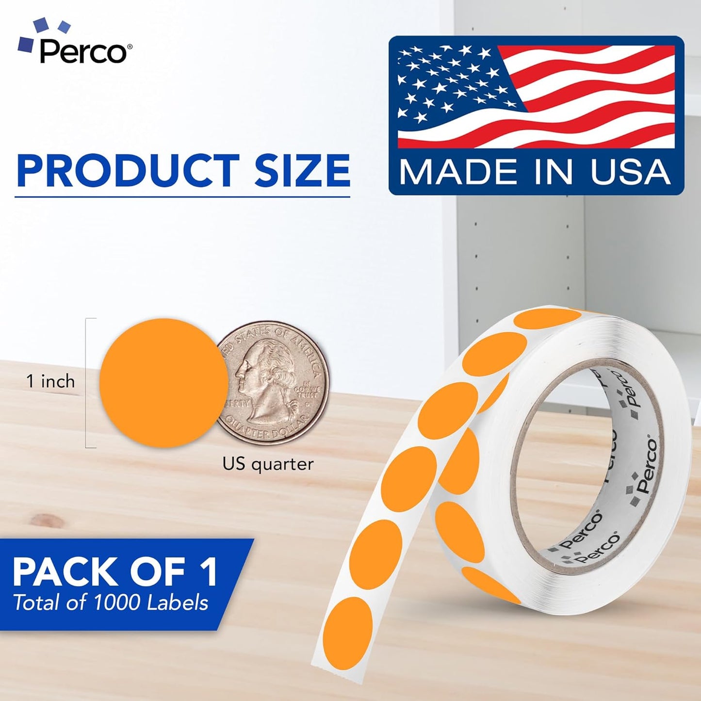 Perco Fluorescent Orange 1-Inch Round Circle Dot Sticker Labels with Easy Peel Perforation - 1,000 Labels per Roll - Strong Adhesion, Vibrant Colors for Organizing, Crafting & More - Made in USA
